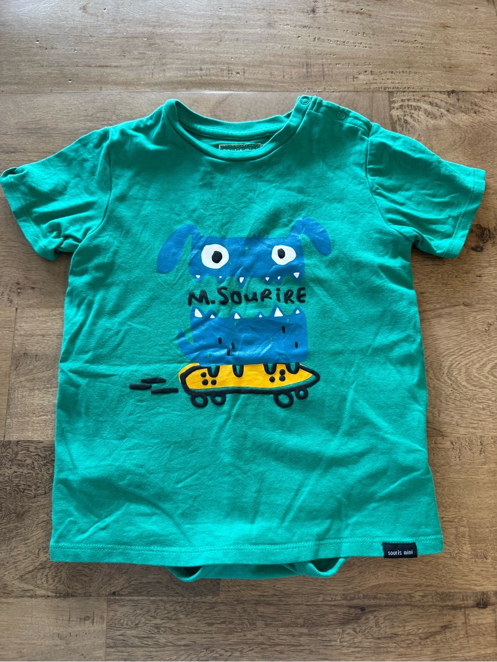Souris Mini Green Kids' Graphic Tee with Skateboard Monster snap bottom 12-18